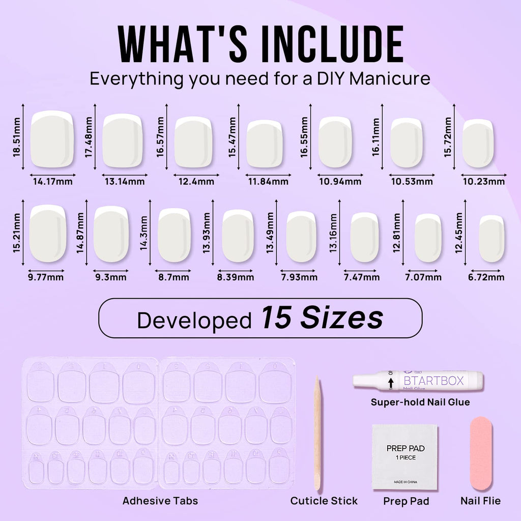 BTArtbox White French Tip Press On Nails – 15 Sizes, Glue-On, Square
