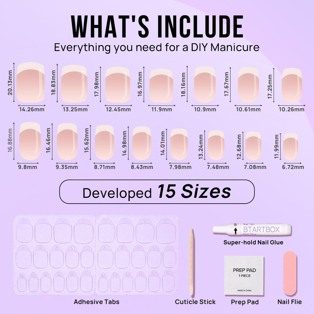 BTArtbox French Tip Press On Nails – Short, Seamless Fit Glue-On Nails (15 Sizes)