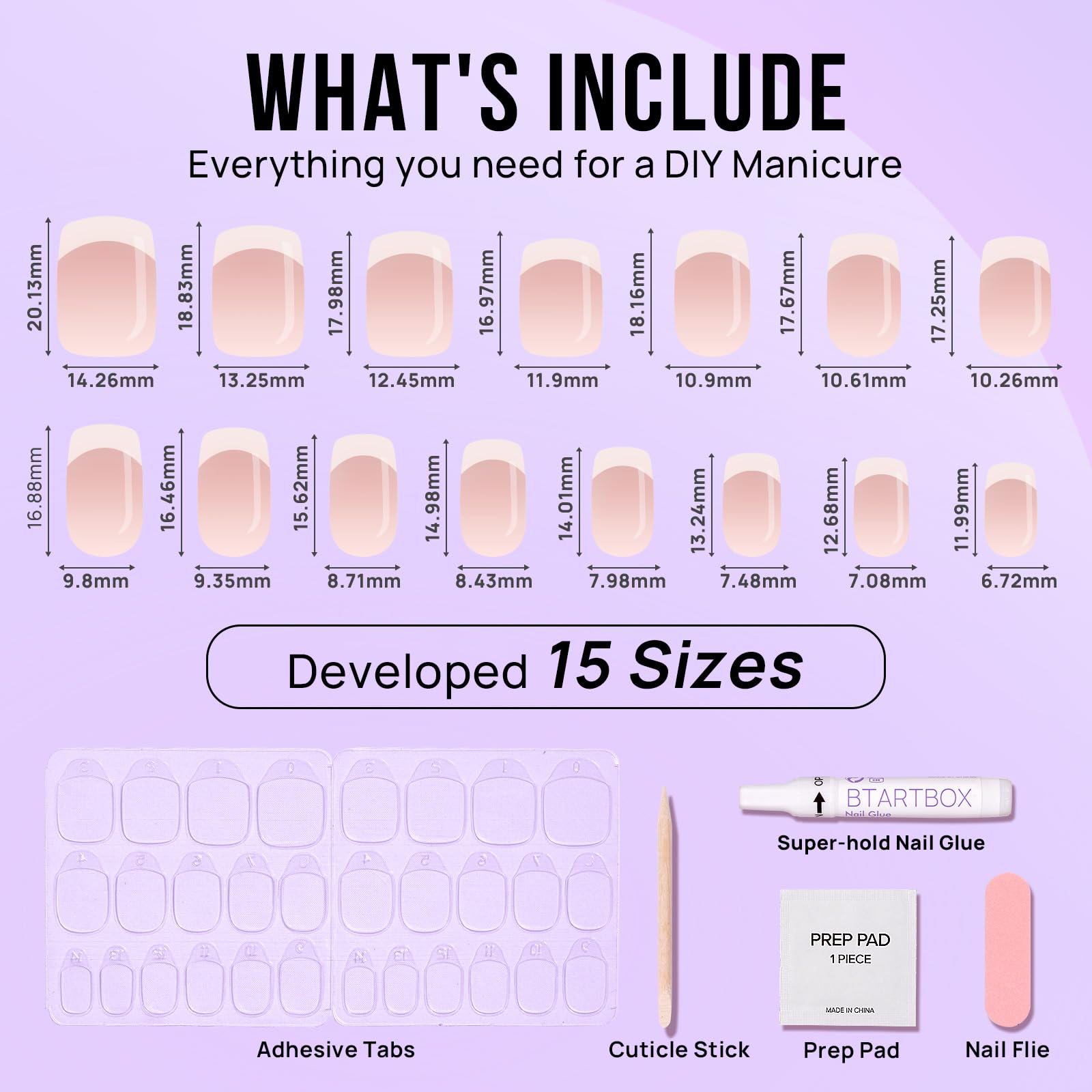 BTArtbox French Tip Press On Nails – Short, Seamless Fit Glue-On Nails (15 Sizes)
