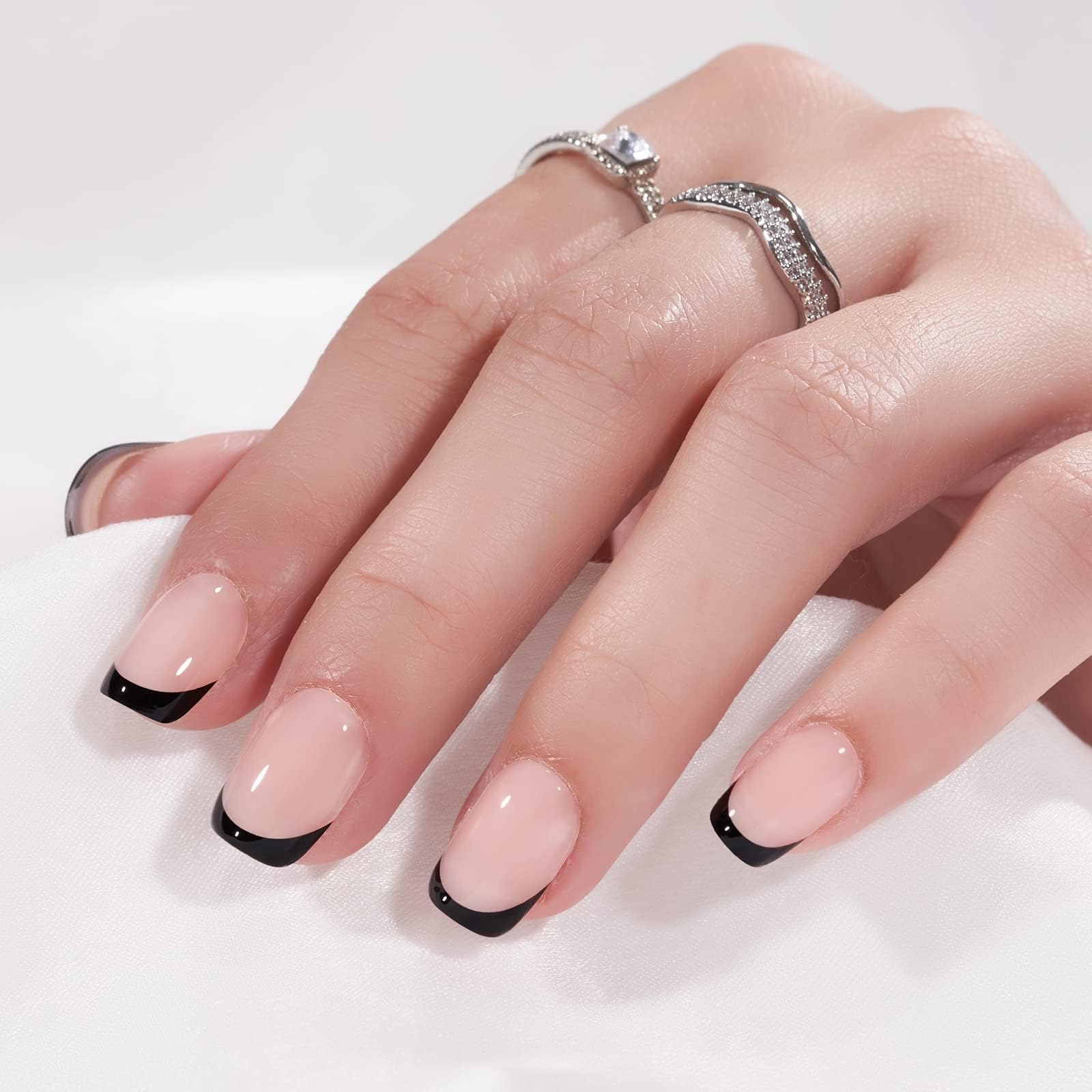 BTArtbox French Tip Press On Nails – Jelly Square Semi-Transparent Nails with Glue, 30 PCS, Classic Black