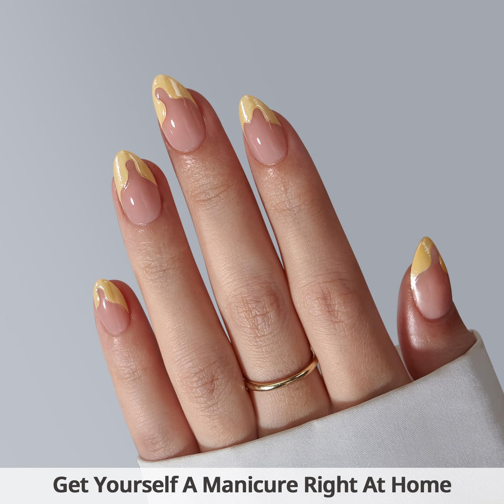 BTArtbox French Tip Press On Nails – Lamp-Curable Short Almond, Lemon Fizz, 32 Nails Kit
