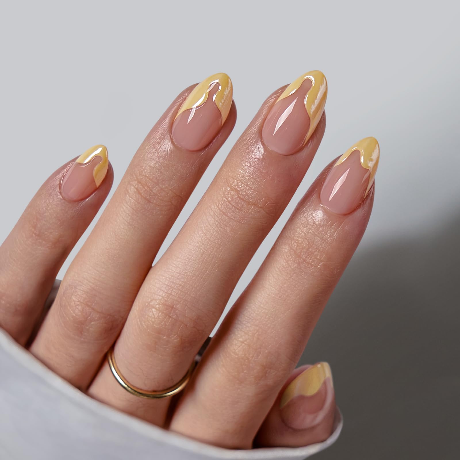 BTArtbox French Tip Press On Nails – Lamp-Curable Short Almond, Lemon Fizz, 32 Nails Kit