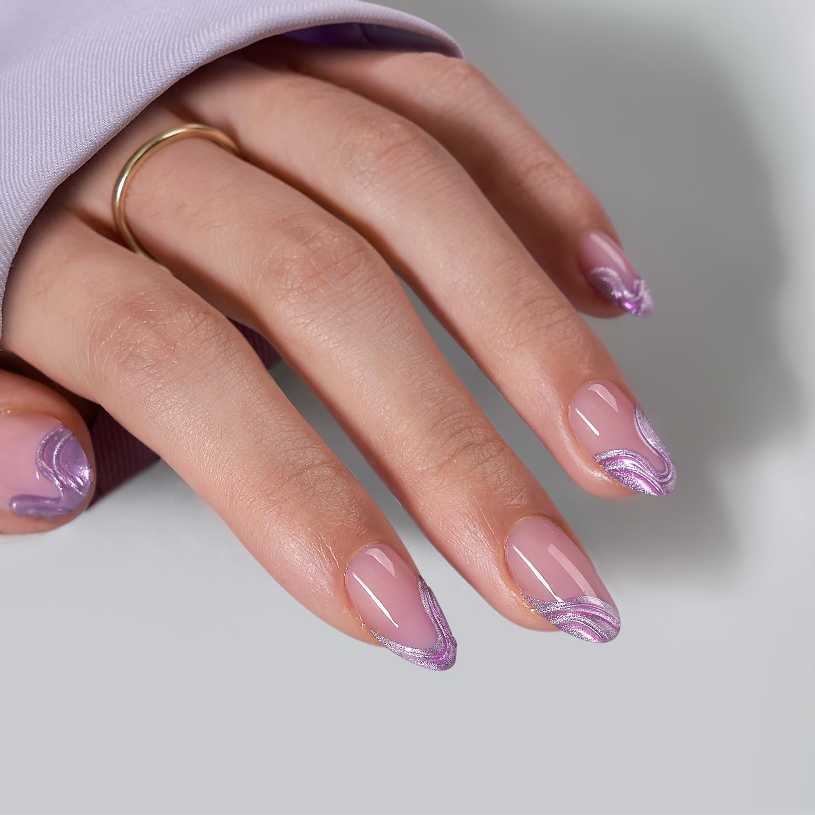 BTArtbox French Tip Press On Nails – Lamp-Curable Chrome Short Almond with Glue, 32 Nails Kit