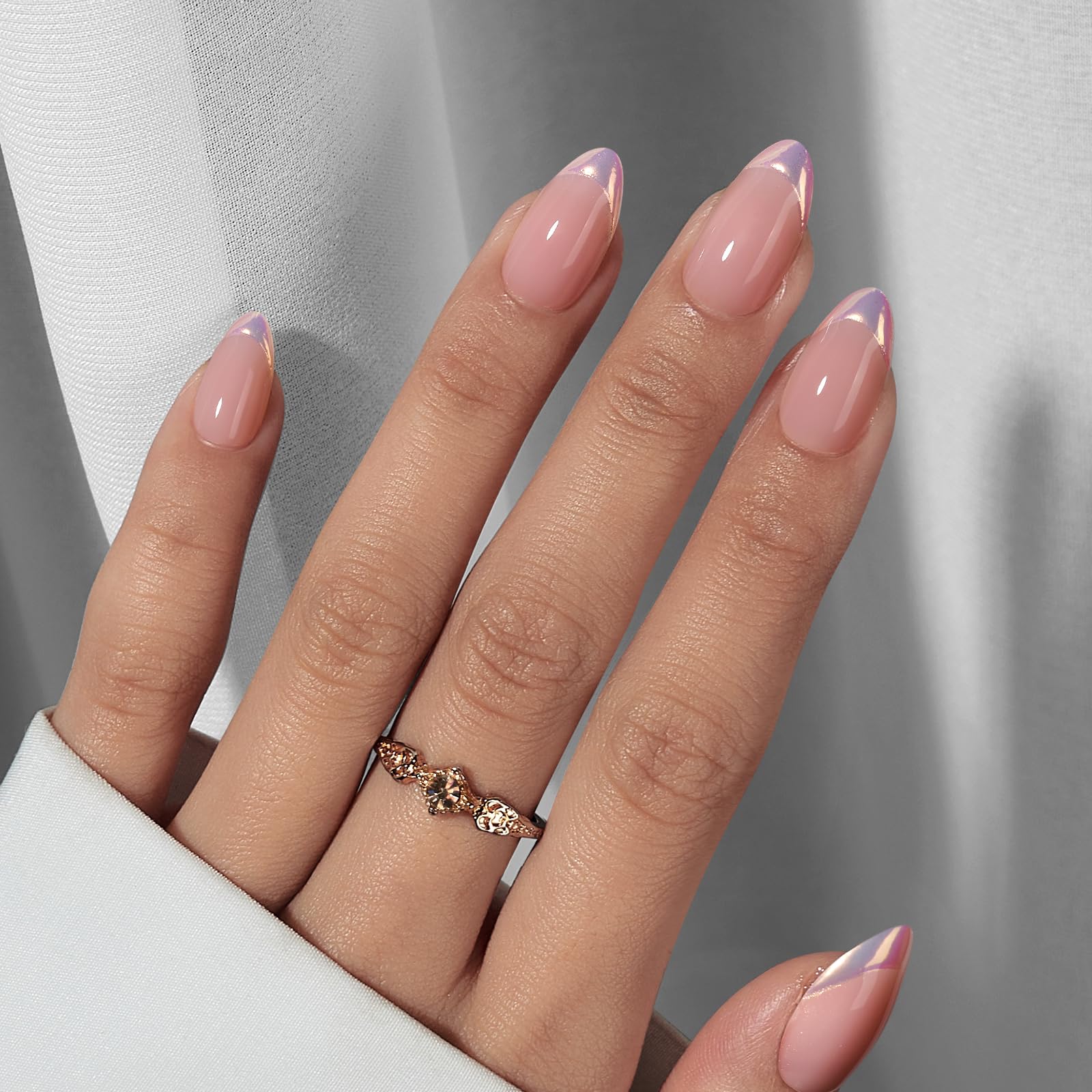 BTArtbox French Tip Press On Nails Almond – Short Gel Nails in Chrome Silver Finish, 16 Sizes