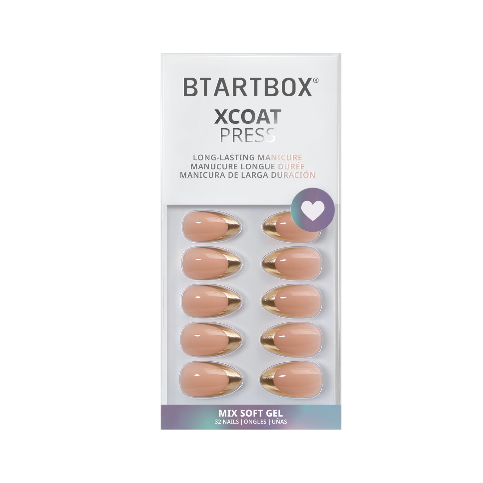 BTArtbox Gilded Countdown Lamp-Curable Press-On Nails – Short Almond Gold French Tips, 32-Piece Kit