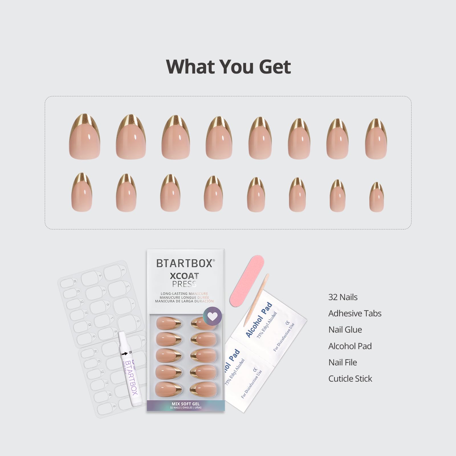 BTArtbox Gilded Countdown Lamp-Curable Press-On Nails – Short Almond Gold French Tips, 32-Piece Kit