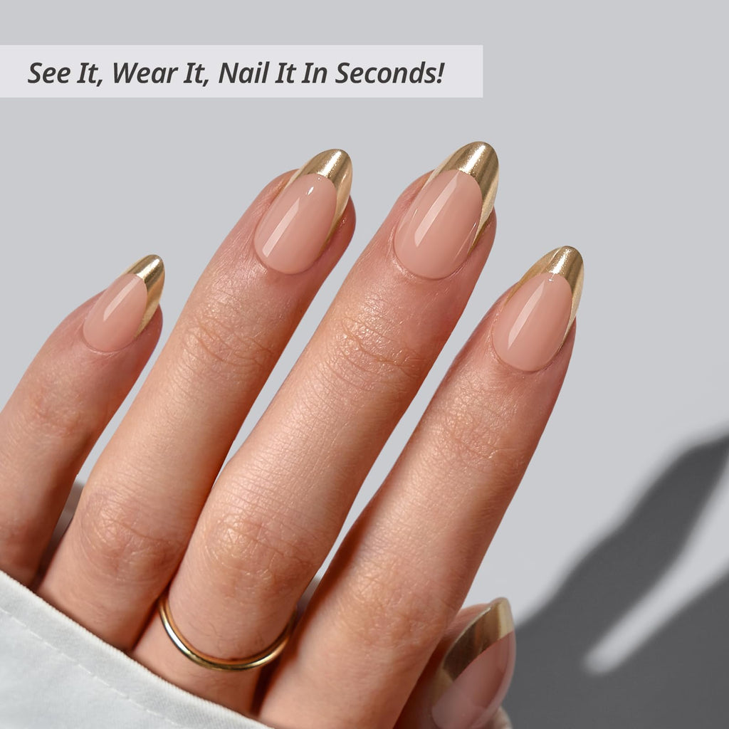 BTArtbox Gilded Countdown Lamp-Curable Press-On Nails – Short Almond Gold French Tips, 32-Piece Kit