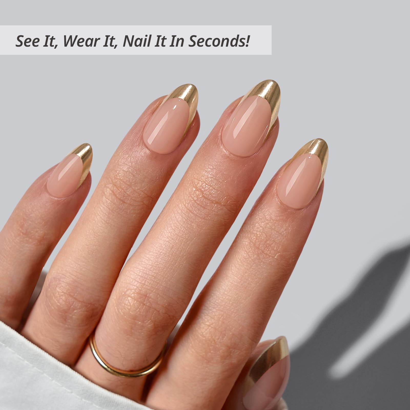 BTArtbox Gilded Countdown Lamp-Curable Press-On Nails – Short Almond Gold French Tips, 32-Piece Kit