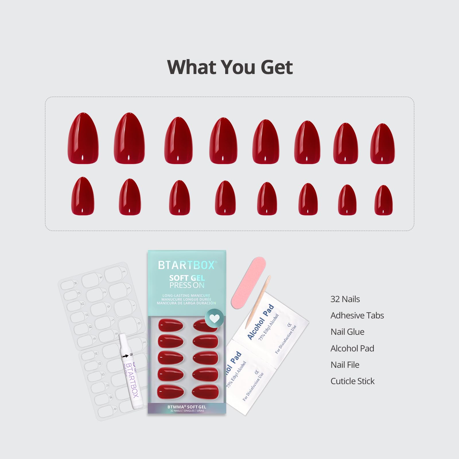 BTArtbox Almond Pastel Red Short Press On Nails – 32 Nails, Glue Included, 16 Sizes