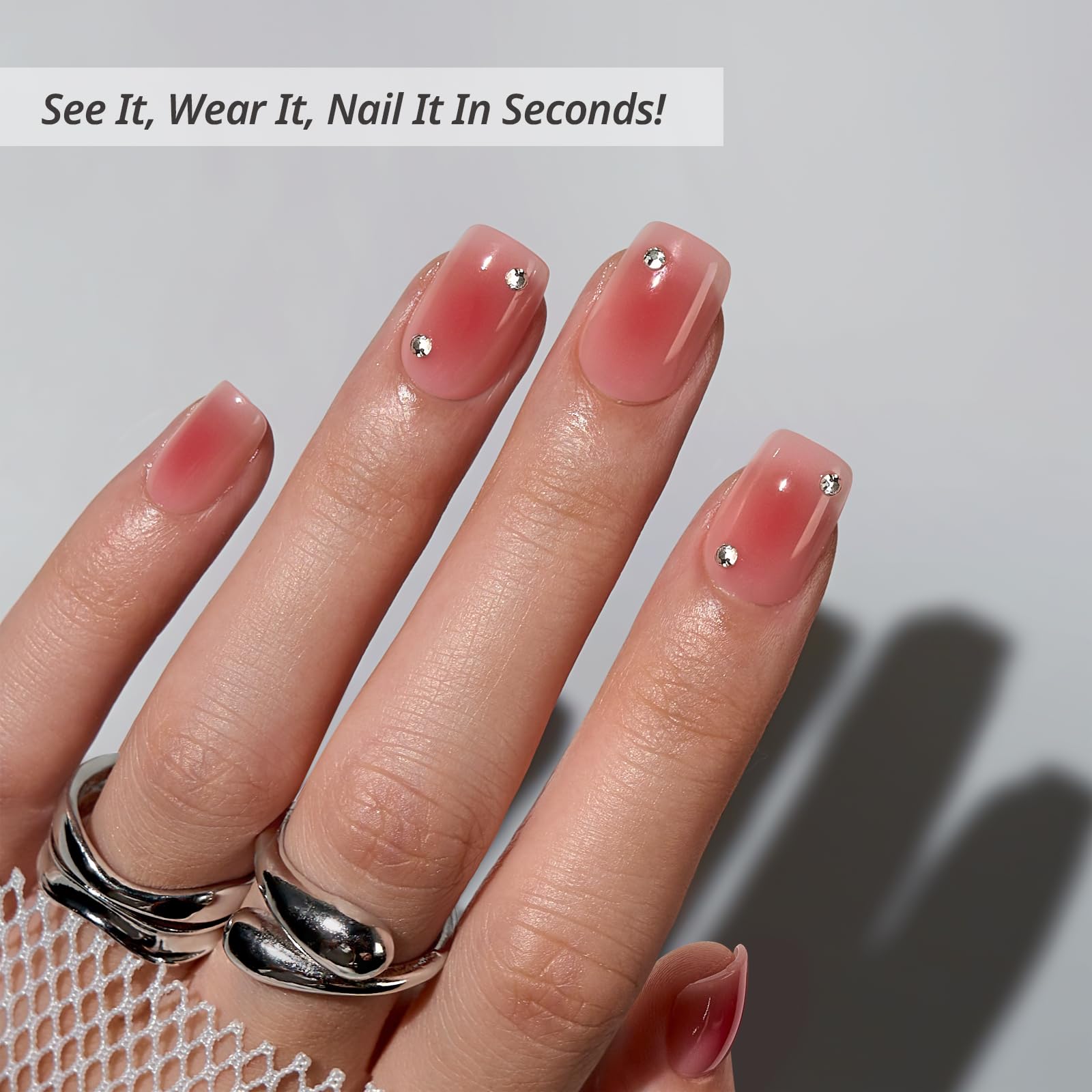 BTArtbox Press On Nails Short — Cyber Crimson Rhinestone Square Kit, 30 Nails, 15 Sizes