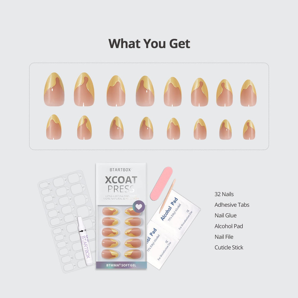 BTArtbox French Tip Press On Nails – Lamp-Curable Short Almond, Lemon Fizz, 32 Nails Kit