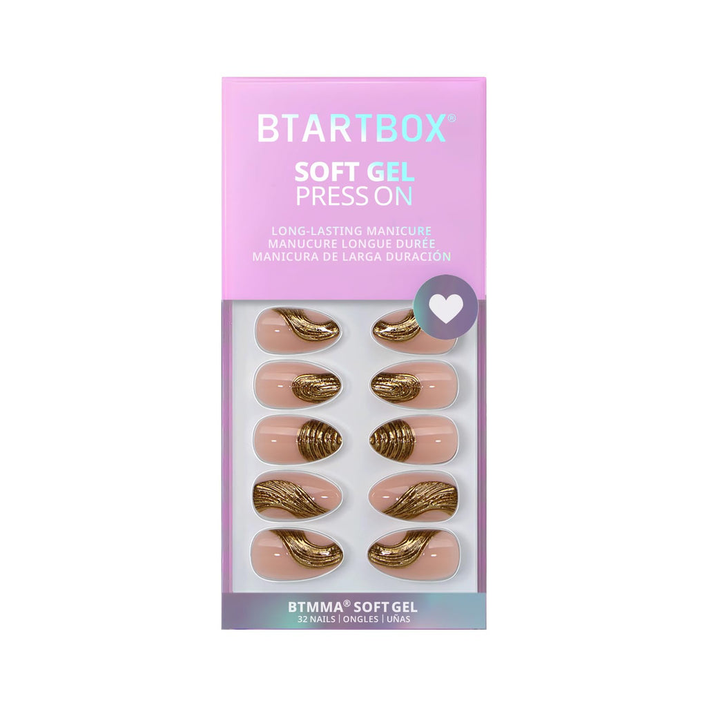 BTArtbox Press On Nails Short Gold Rush – 3D Sculpting Almond, 32 Nails Kit (16 Sizes)