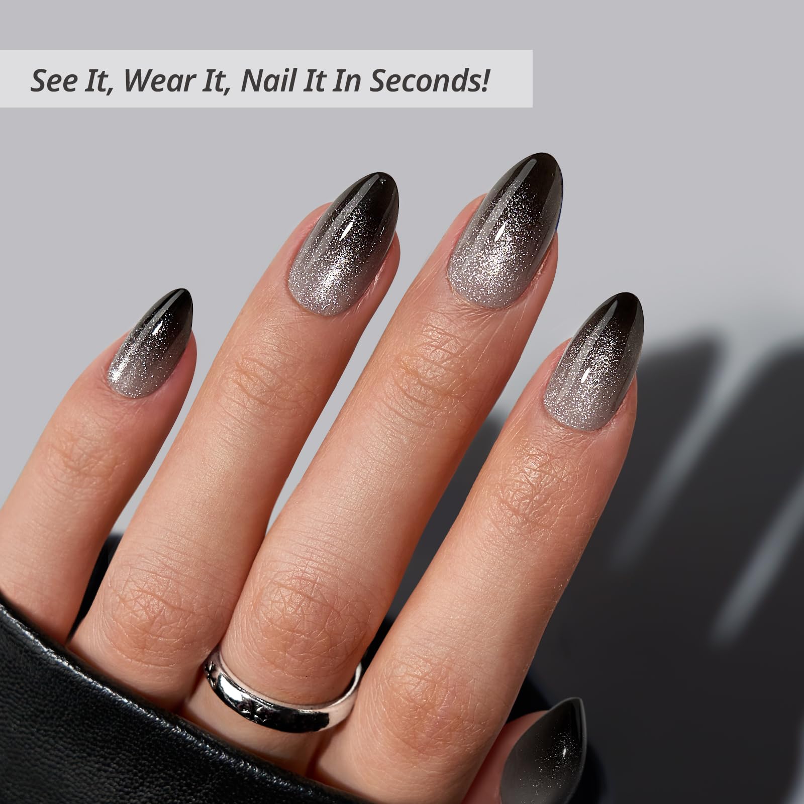 BTArtbox Grave Shine Short Press On Nails – Sparkle Black Almond, 32-Piece Kit with Glue