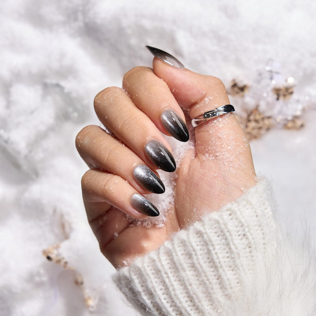 BTArtbox Grave Shine Short Press On Nails – Sparkle Black Almond, 32-Piece Kit with Glue
