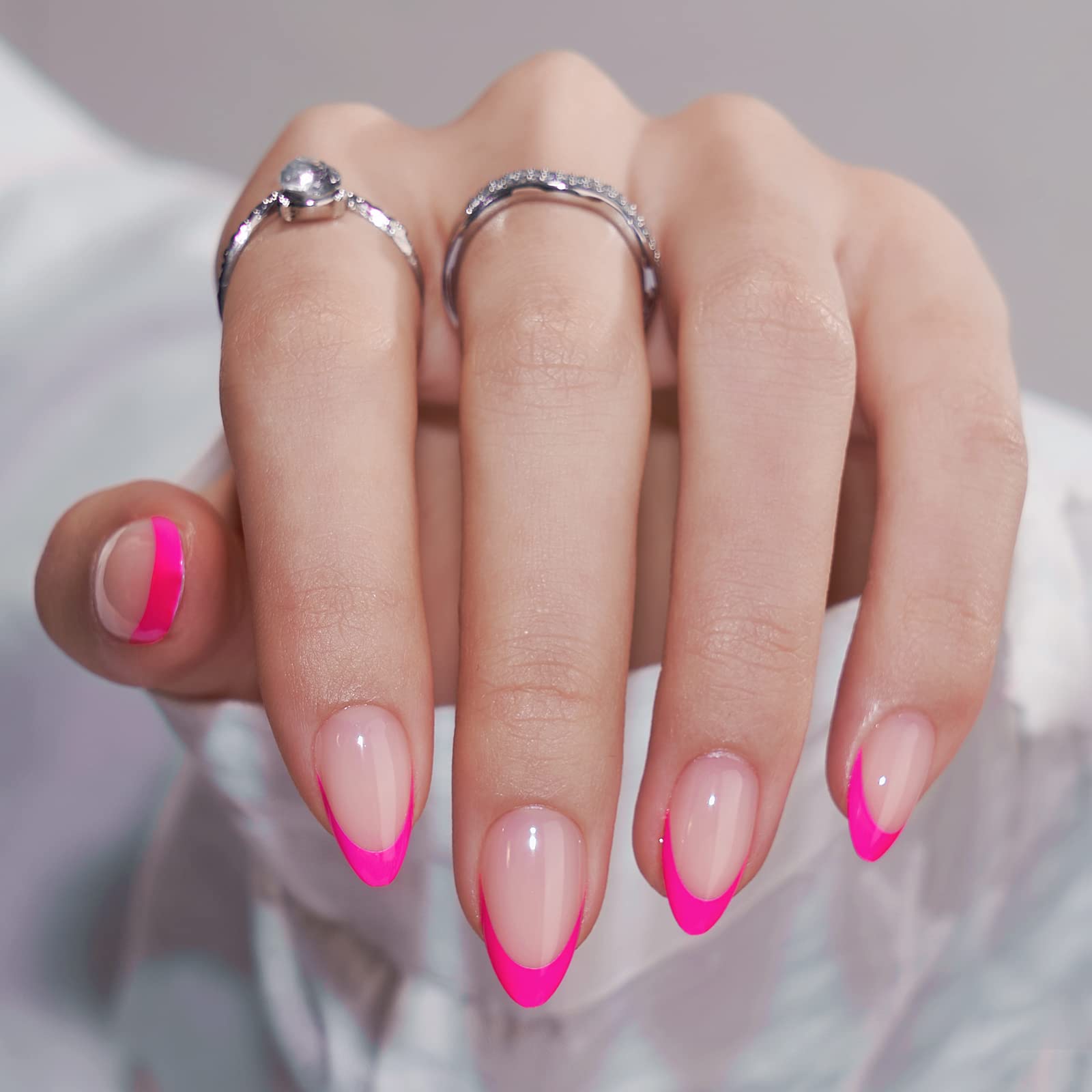 BTArtbox French Tip Press On Nails Almond – Hot Pink Berry French Short Gel Nails Kit (16 Sizes, 32 Nails)