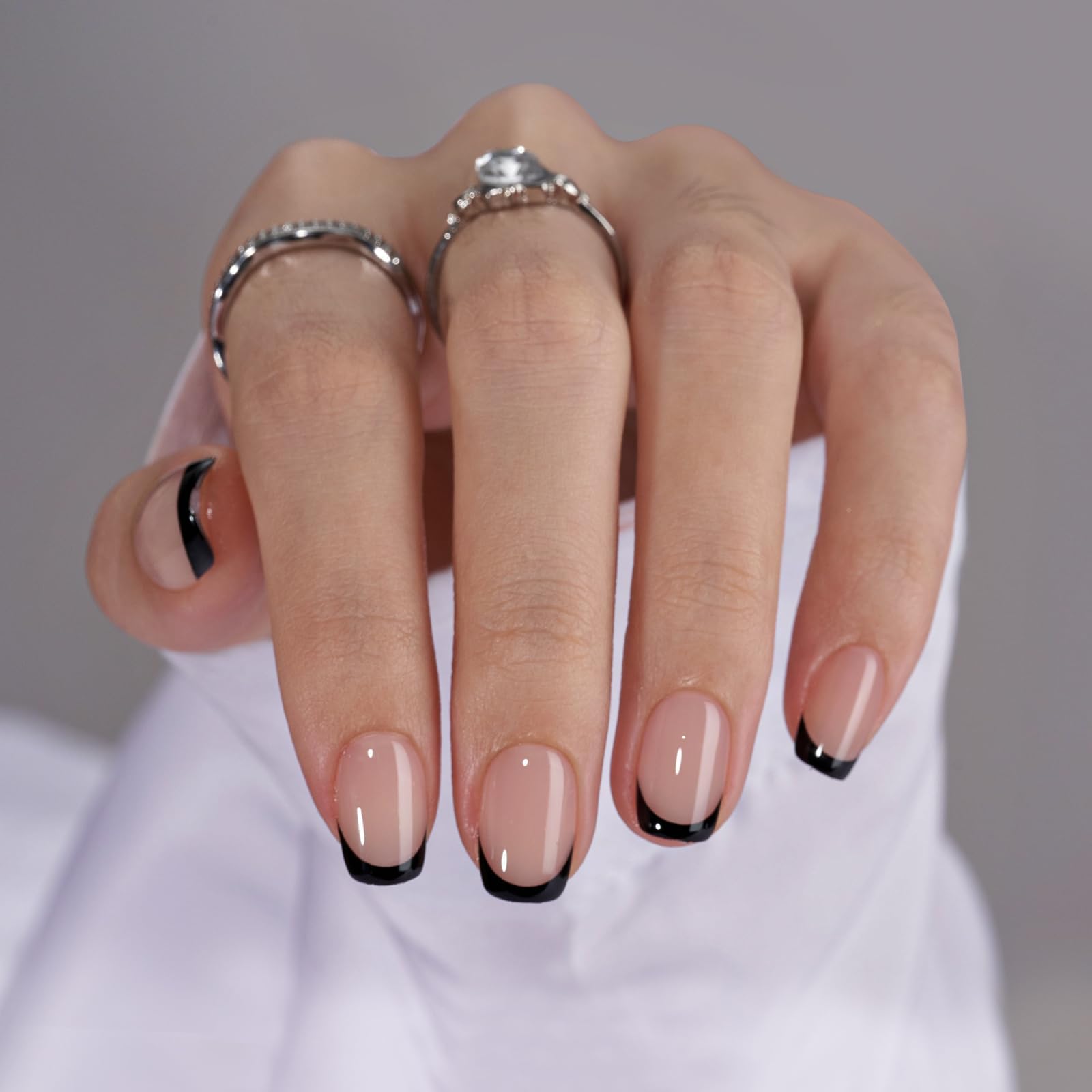 BTArtbox French Tip Press On Nails – Jelly Square Semi-Transparent Nails with Glue, 30 PCS, Classic Black