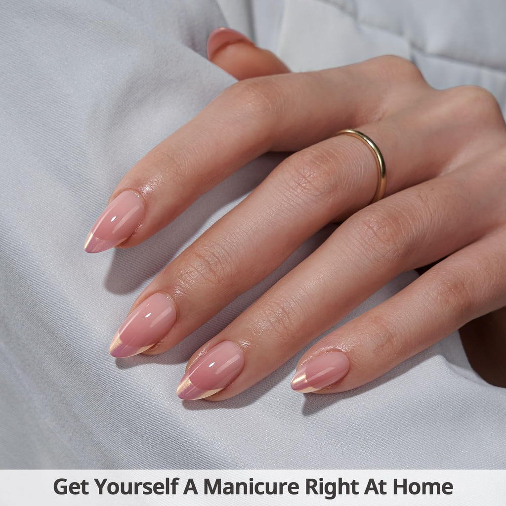 BTArtbox Press On Nails Short – Chrome French Tip Almond | 32 Nails, 16 Sizes, Glue Kit