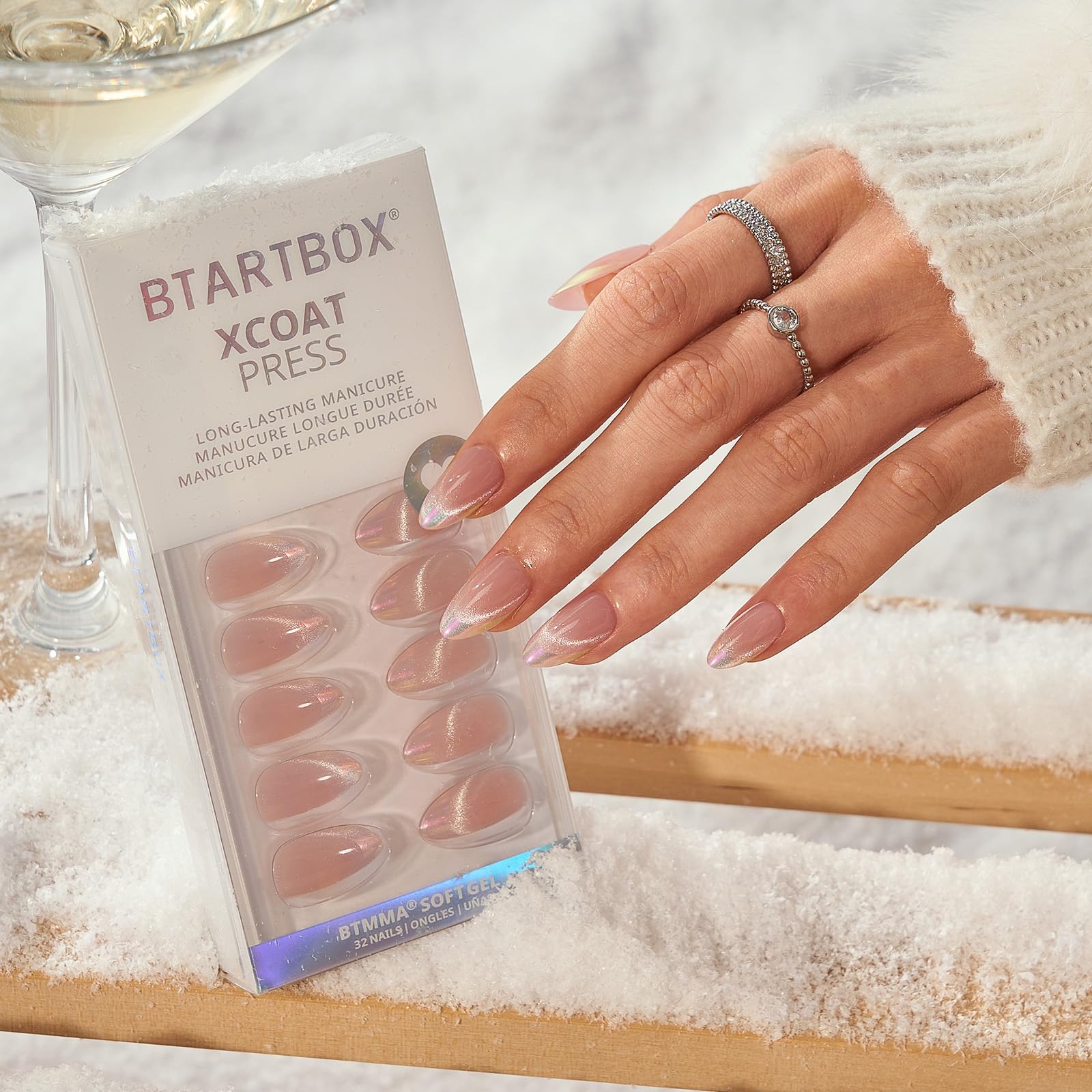 BTArtbox Almond Press On Nails – Diamond Dust Cat Eye Chrome Tips, 32 Nails, 16 Sizes
