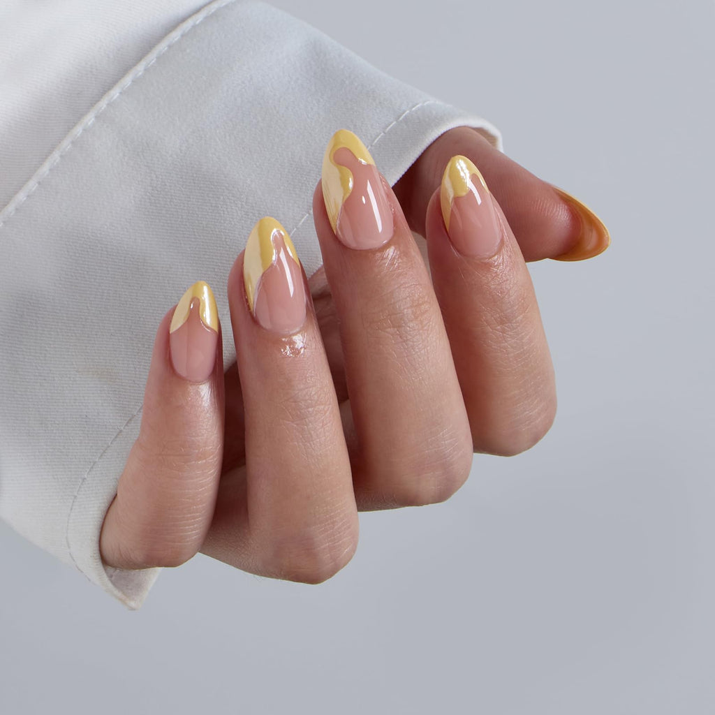 BTArtbox French Tip Press On Nails – Lamp-Curable Short Almond, Lemon Fizz, 32 Nails Kit