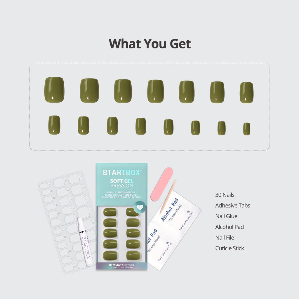 BTArtbox Moss Muse Olive Green Squoval Press-On Nails Kit – 30 Nails, Glue & Tools
