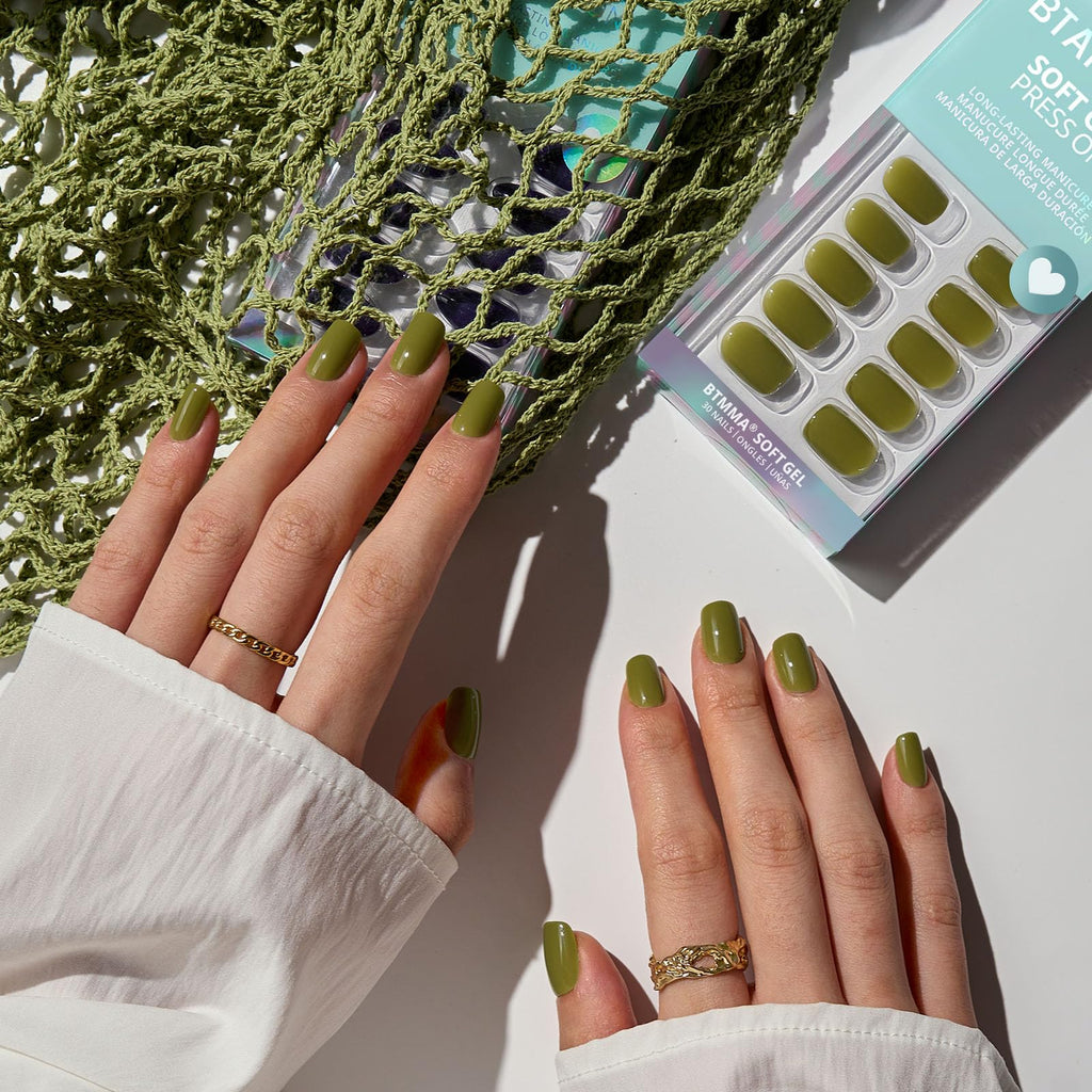 BTArtbox Moss Muse Olive Green Squoval Press-On Nails Kit – 30 Nails, Glue & Tools