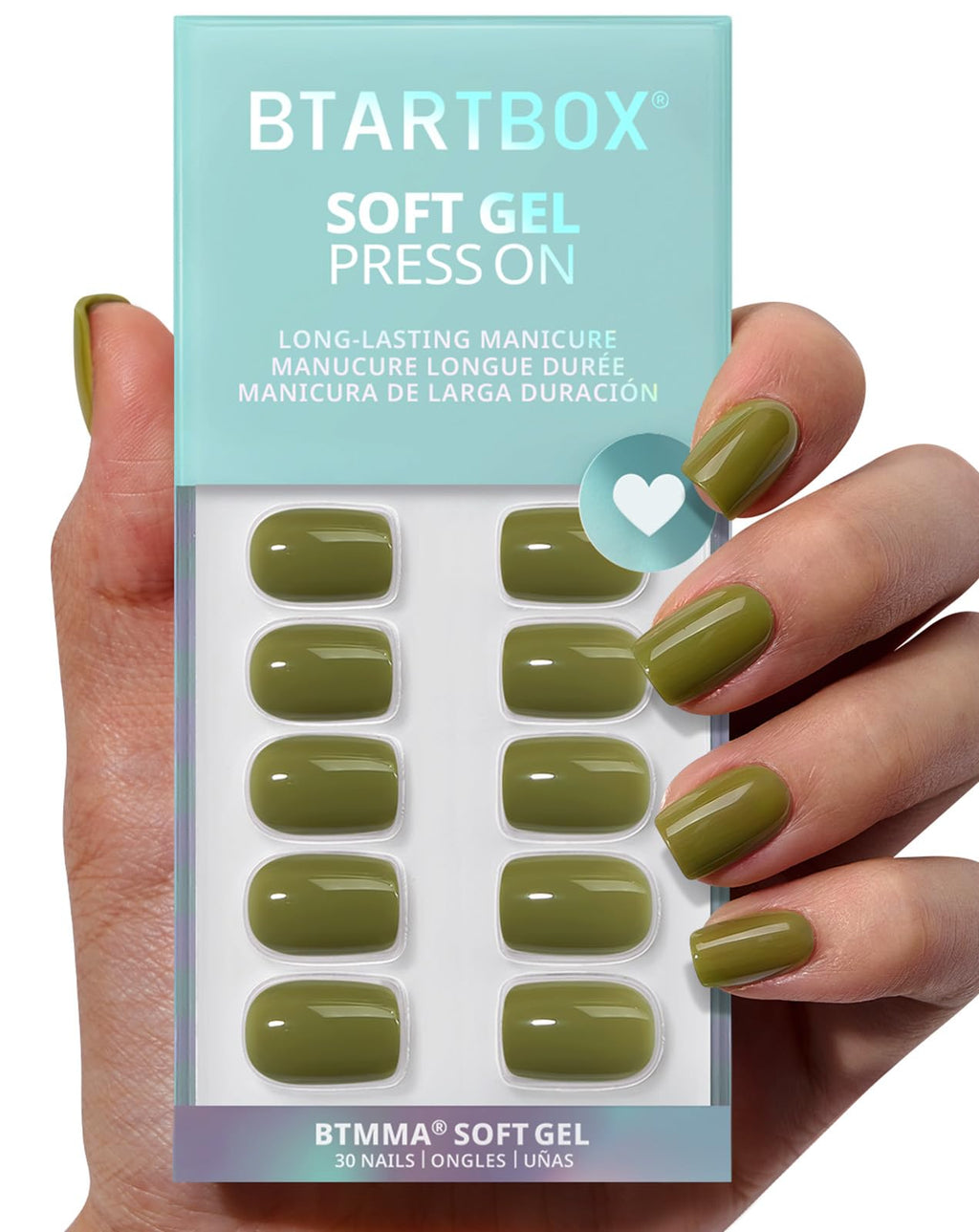BTArtbox Moss Muse Olive Green Squoval Press-On Nails Kit – 30 Nails, Glue & Tools