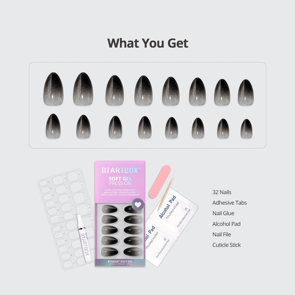 BTArtbox Grave Shine Short Press On Nails – Sparkle Black Almond, 32-Piece Kit with Glue