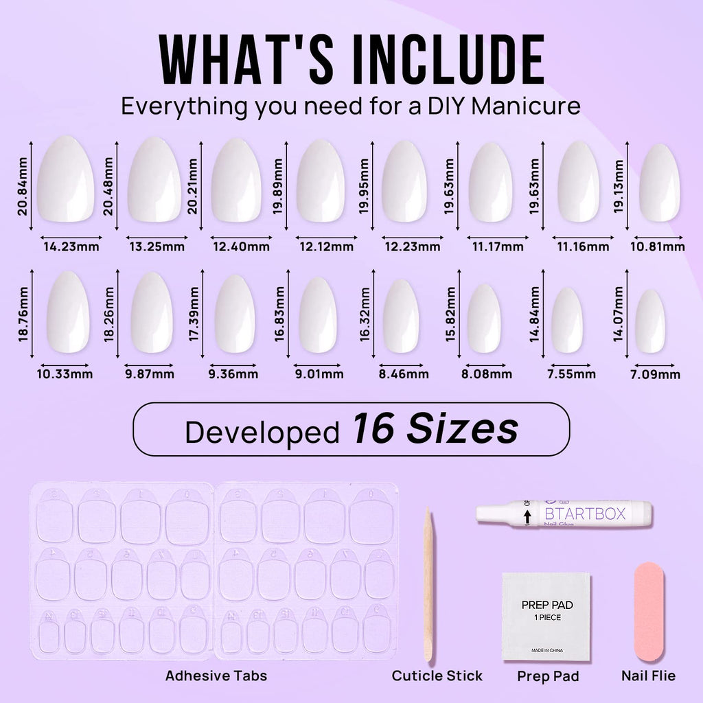 BTArtbox White Press On Nails Short – Cream Puff, Gel, Glue-On, 16 Sizes