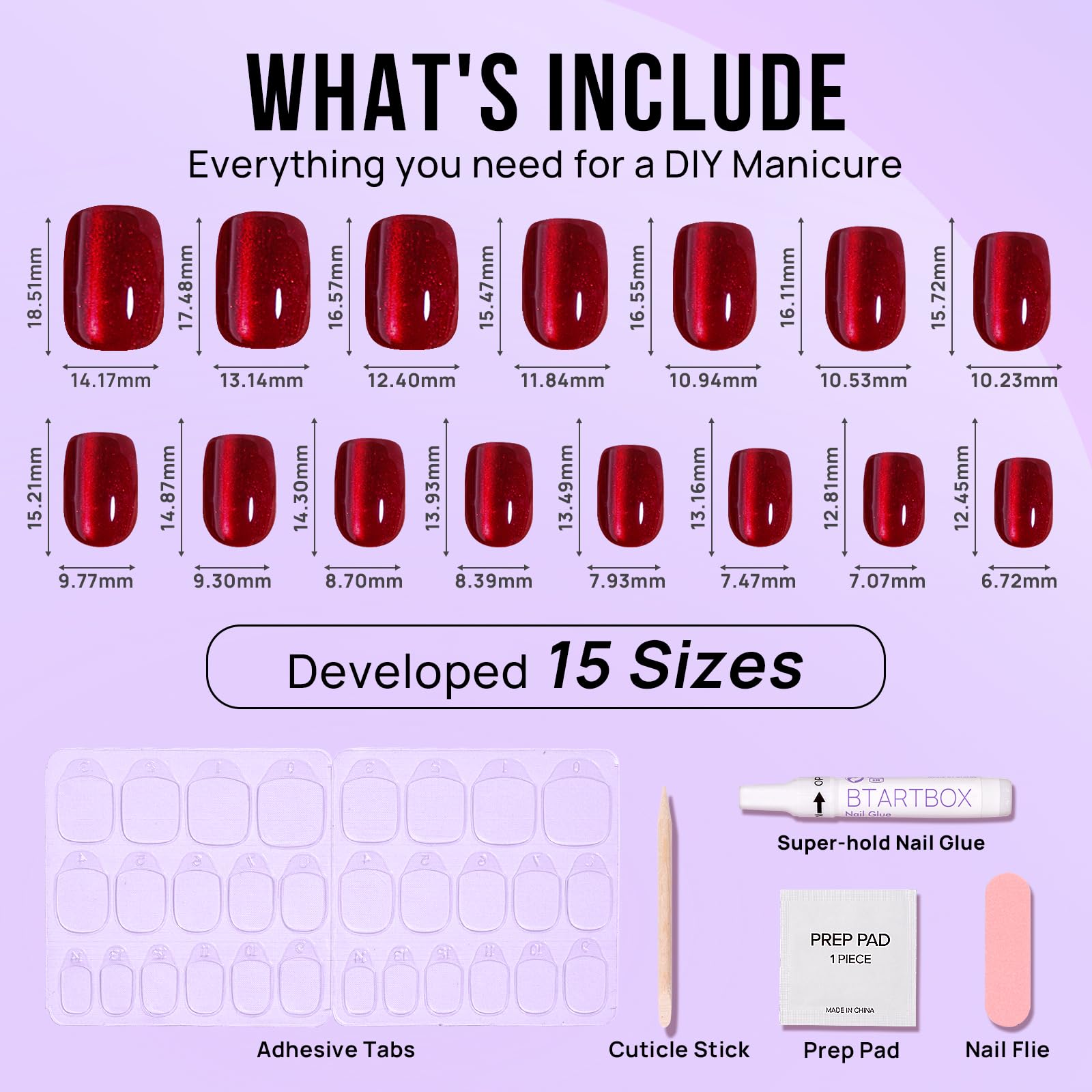 BTArtbox Press On Nails Red Cat Eye – Glossy Square Nails Kit, 30 Nails, 15 Sizes, Glue Included