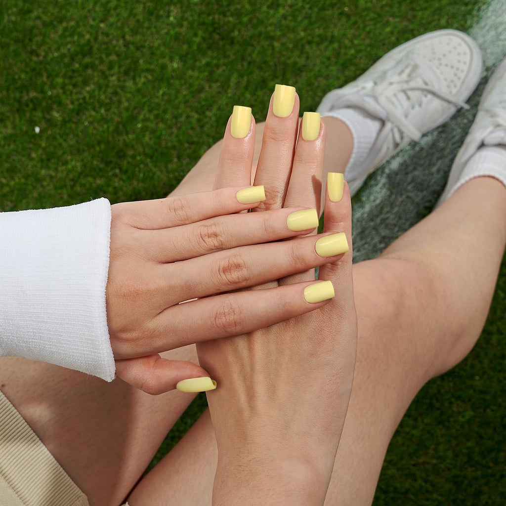 BTArtbox Press On Nails Short – Pastel Yellow Square, 32 Nails Kit with Glue (16 Sizes)