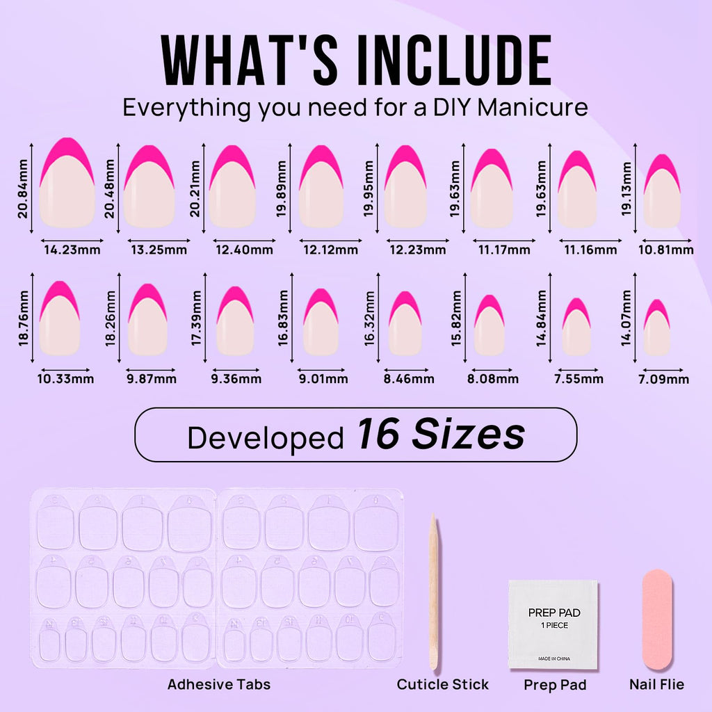 BTArtbox French Tip Press On Nails Almond – Hot Pink Berry French Short Gel Nails Kit (16 Sizes, 32 Nails)