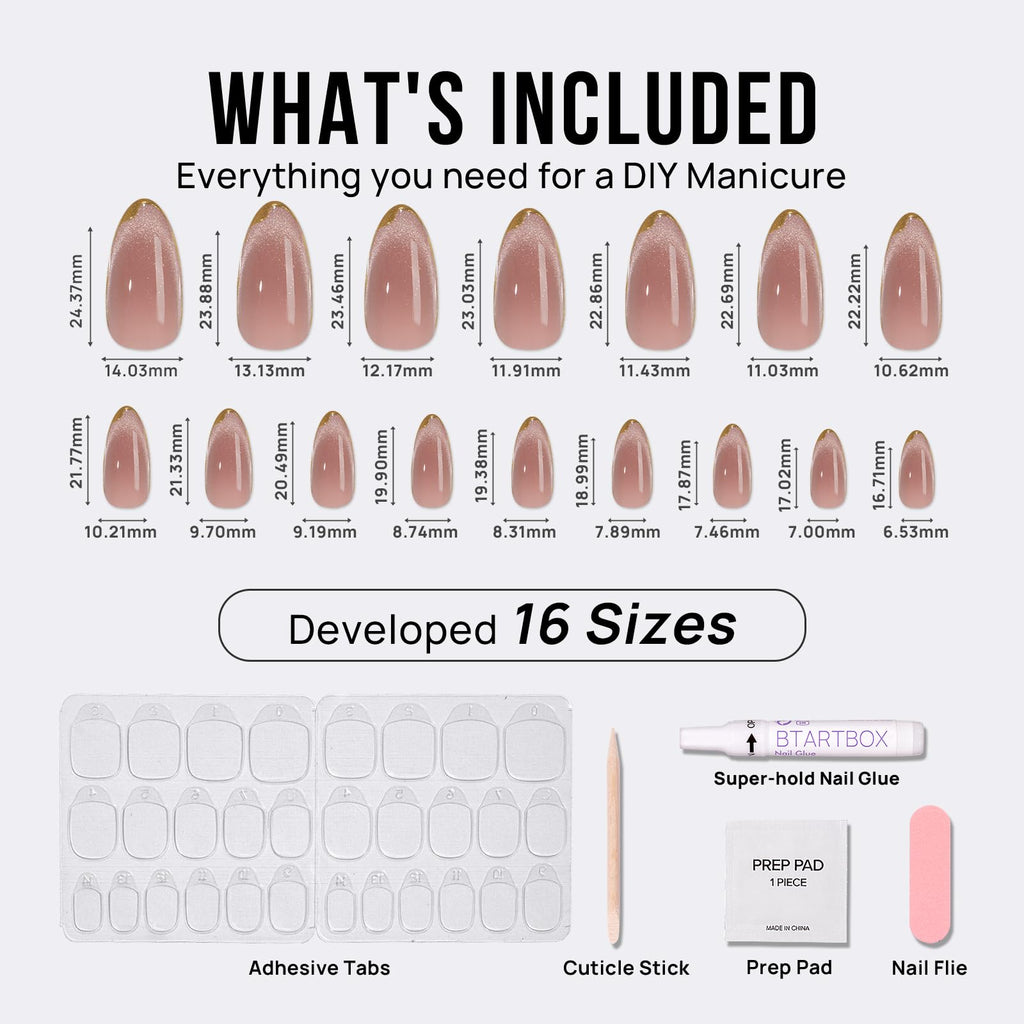 BTArtbox Knightshield Cat Eye Almond Press On Nails – 3D Sculpting, Glossy Finish, 16 Sizes Kit