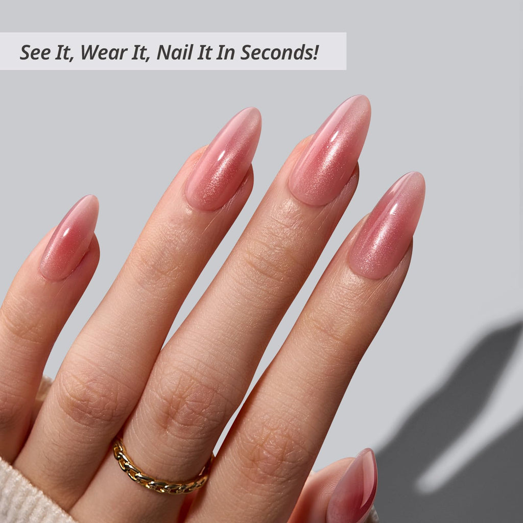 BTArtbox Press On Nails Almond - Pink Hypnotic Ombre | Lamp-Curable Cat Eye Medium Nails Kit with Glue & Tabs