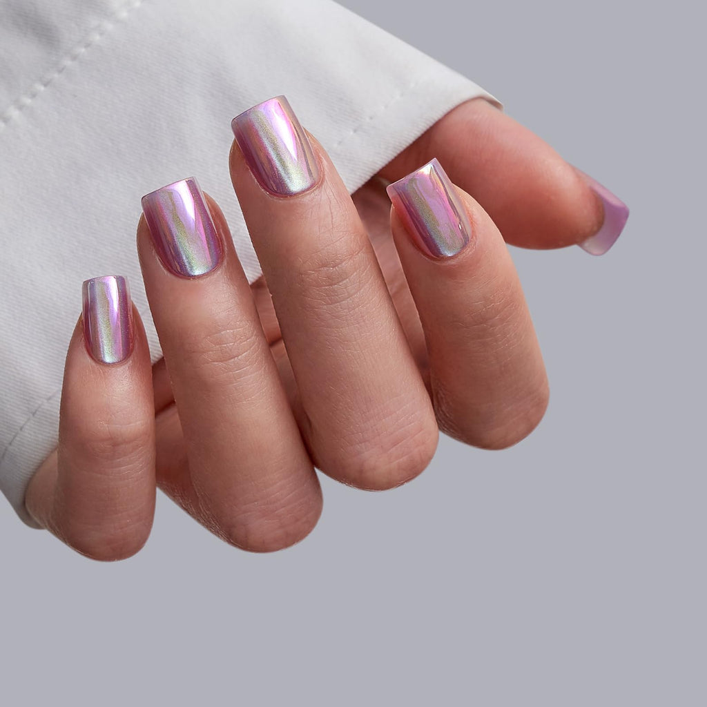 BTArtbox Chrome Cat Eye Short Press On Nails Kit – 32 Nails with Glue | Glass Ocean