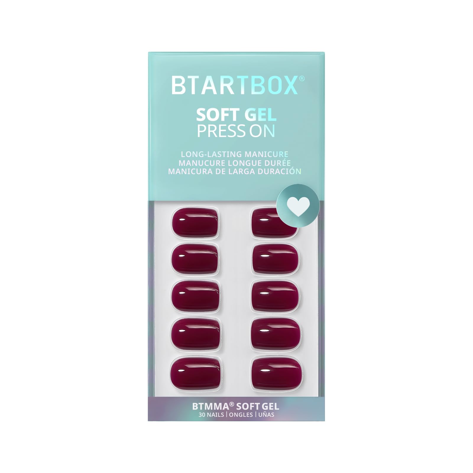BTArtbox Press On Nails Short Plum Red Squoval – Glue Included, 30-Nail Kit (Blackberry)