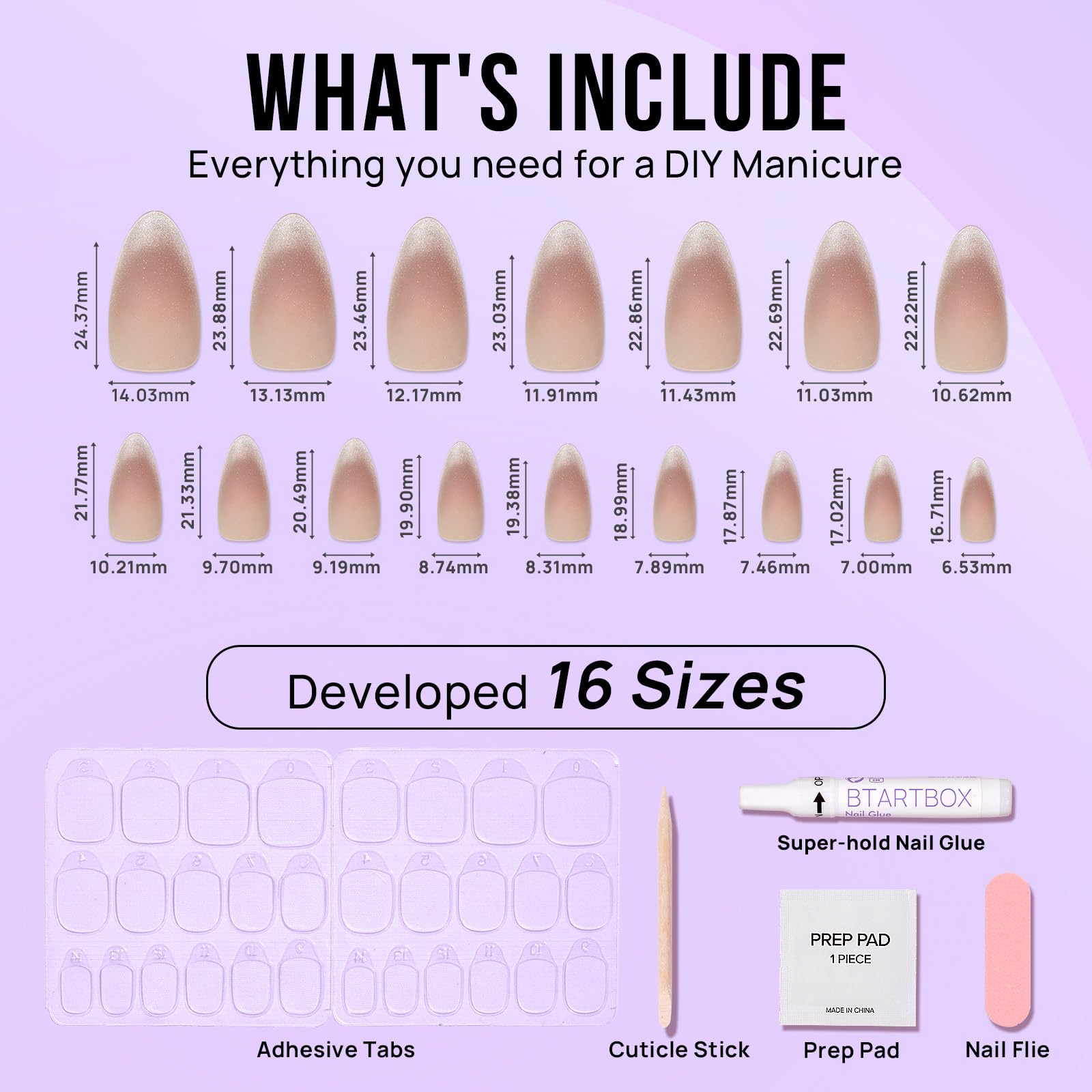 BTArtbox Press On Nails Almond – Cat Eye French Tip Kit, 30 Nails, 15 Sizes