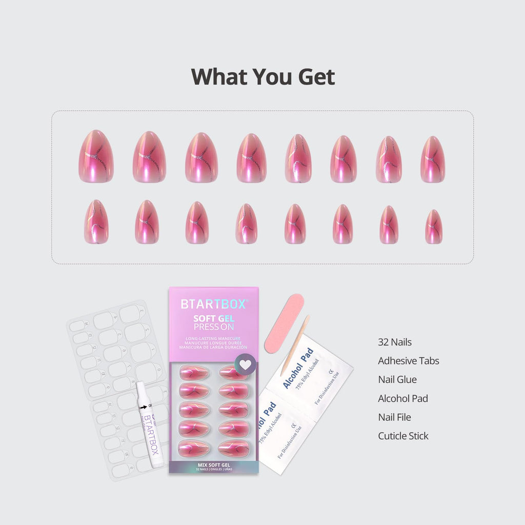 BTArtbox Press On Nails Almond - Neon Gradient Pink Chrome (Short) | 32-Count Glue On Nails Kit