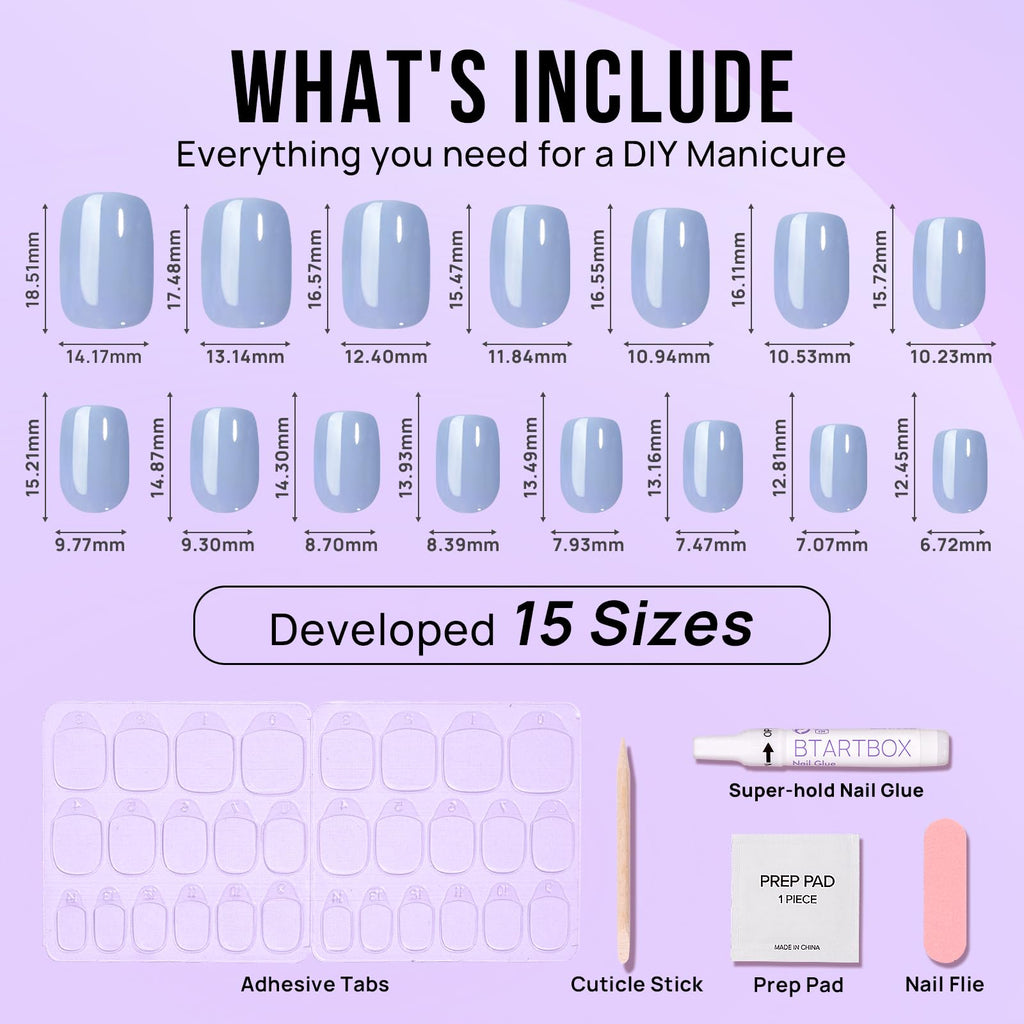BTArtbox Ocean Glazed Short Square Press-On Nails – Blue Gloss, 15 Sizes, Glue Included