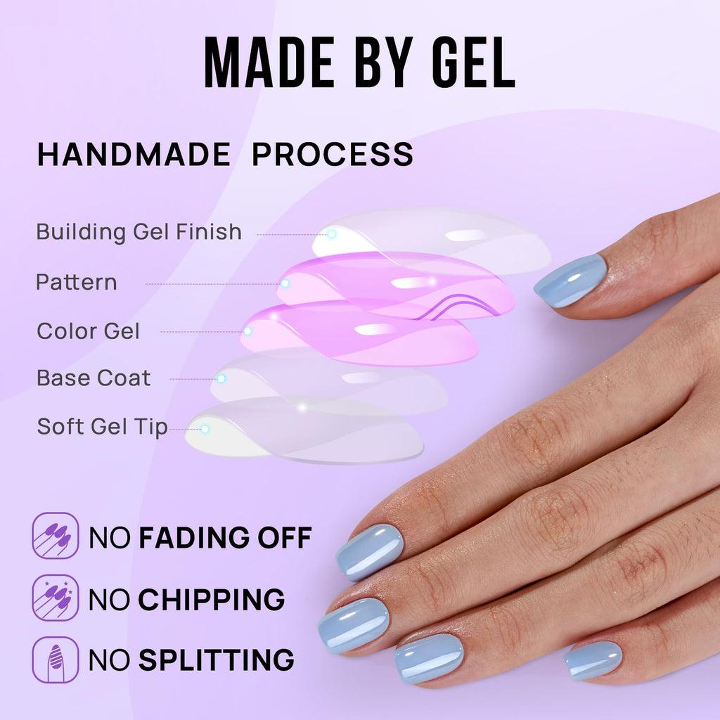 BTArtbox Ocean Glazed Short Square Press-On Nails – Blue Gloss, 15 Sizes, Glue Included