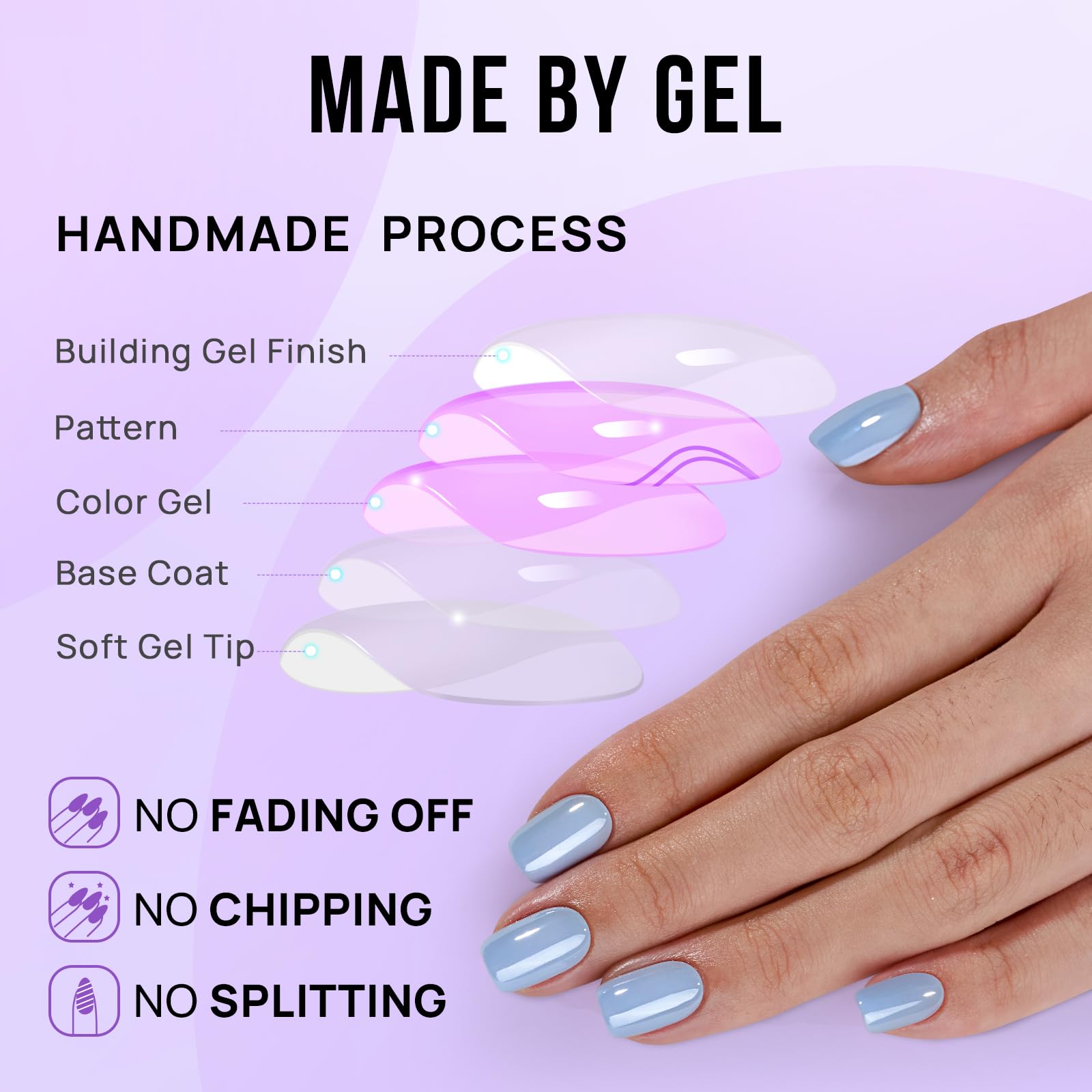 BTArtbox Ocean Glazed Short Square Press-On Nails – Blue Gloss, 15 Sizes, Glue Included
