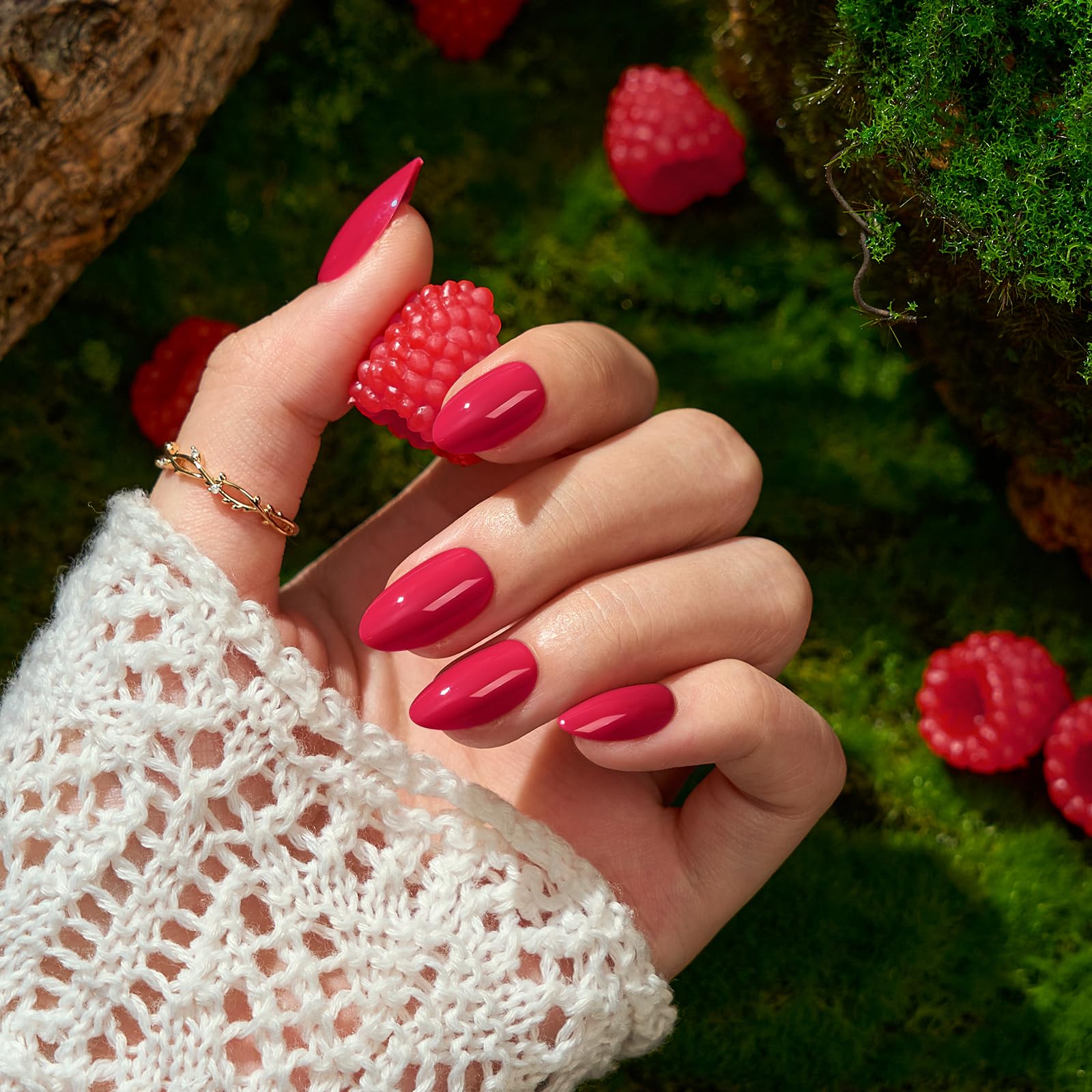 BTArtbox Press On Nails Almond – Raspberry Red Short, 32 Nails, 16 Sizes (Berry Blod)