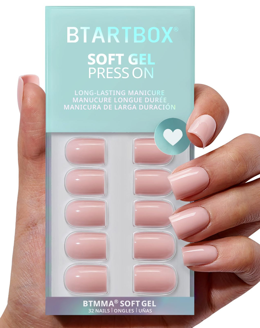 BTArtbox Press On Nails Square – Pastel Pink Short, 32 Nails Kit with Glue for Women, 16 Sizes