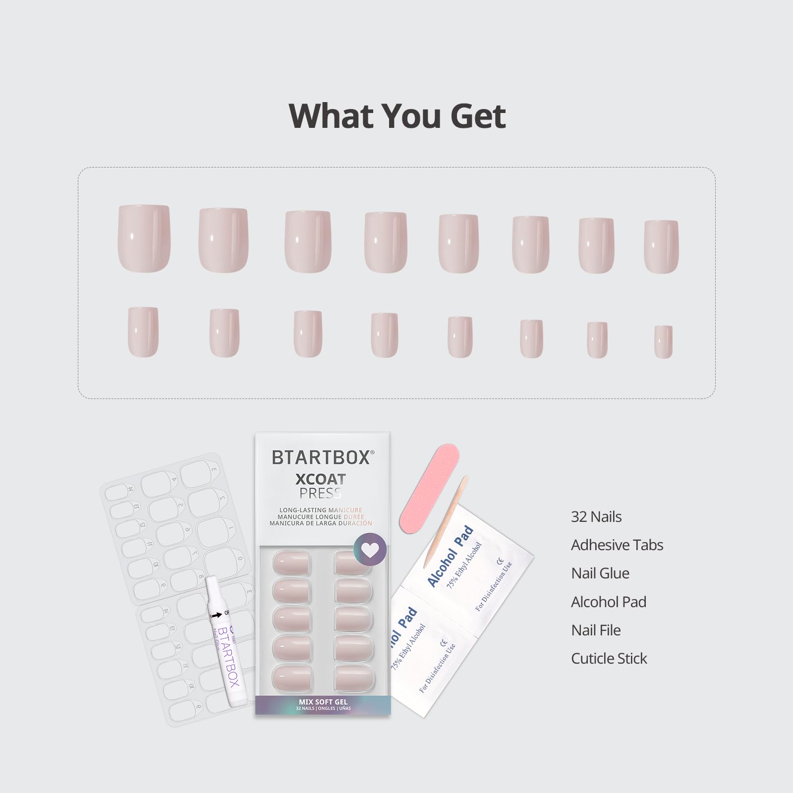 BTArtbox Press On Nails Square – Pastel Short Kit with Glue (32 Nails)
