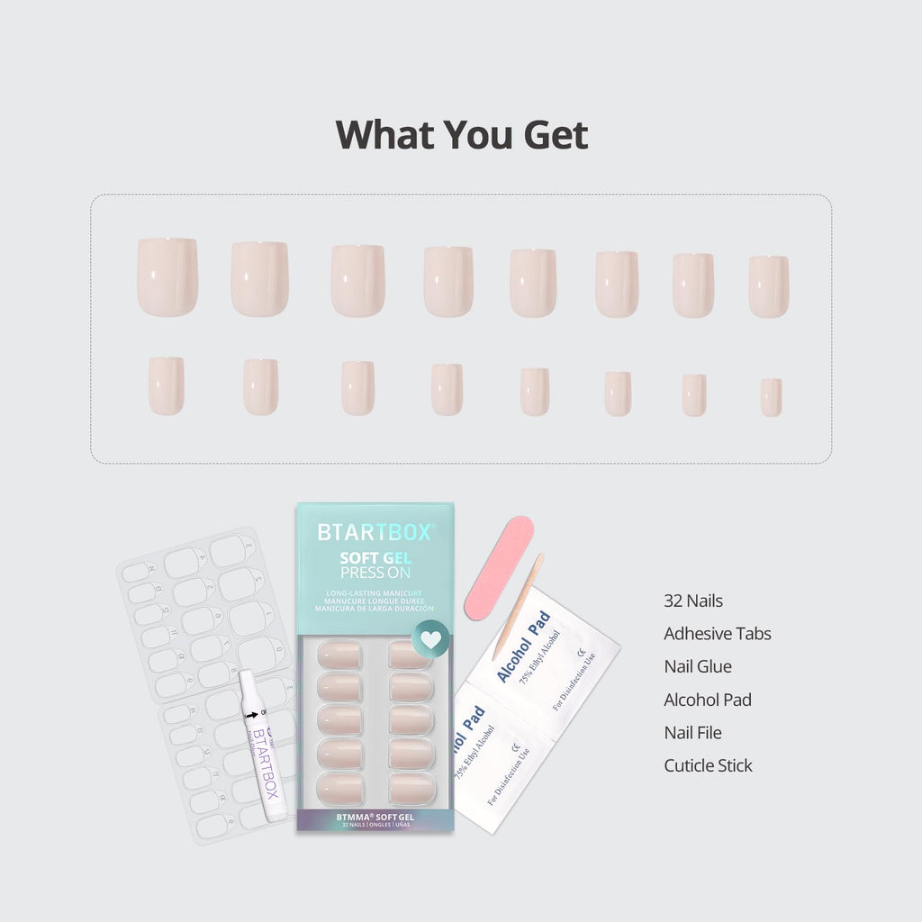 BTArtbox Press On Nails Square - Pastel Short Kit with Glue | 32-Piece Nude Opaque Gel Finish