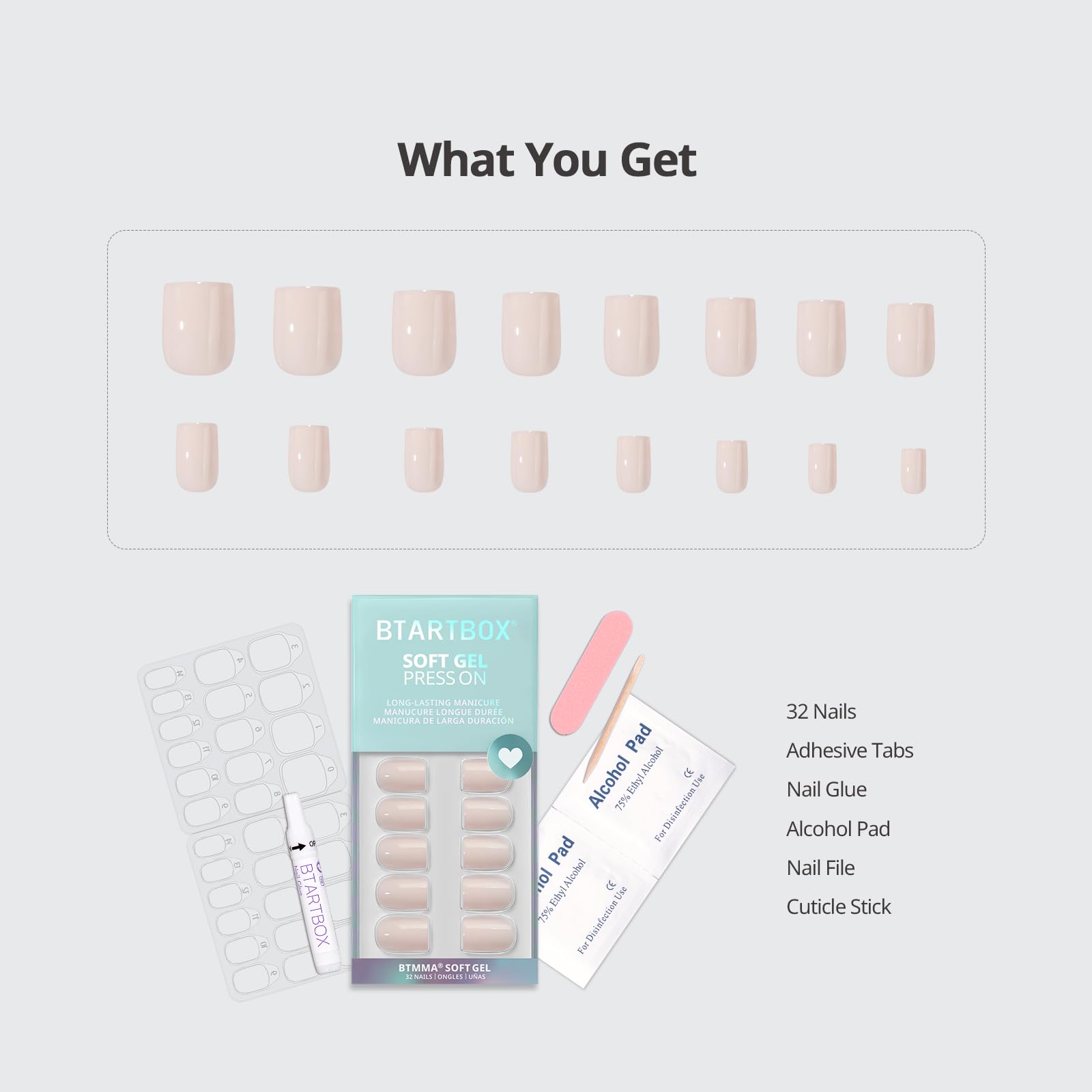 BTArtbox Press On Nails Square - Pastel Short Kit with Glue | 32-Piece Nude Opaque Gel Finish