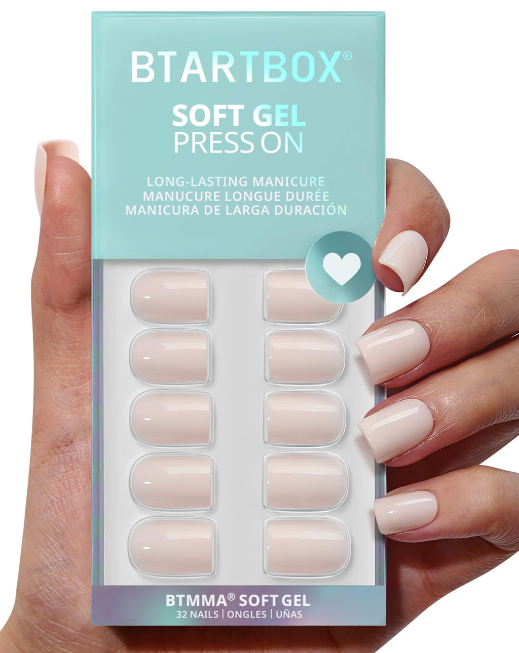BTArtbox Press On Nails Square - Pastel Short Kit with Glue | 32-Piece Nude Opaque Gel Finish