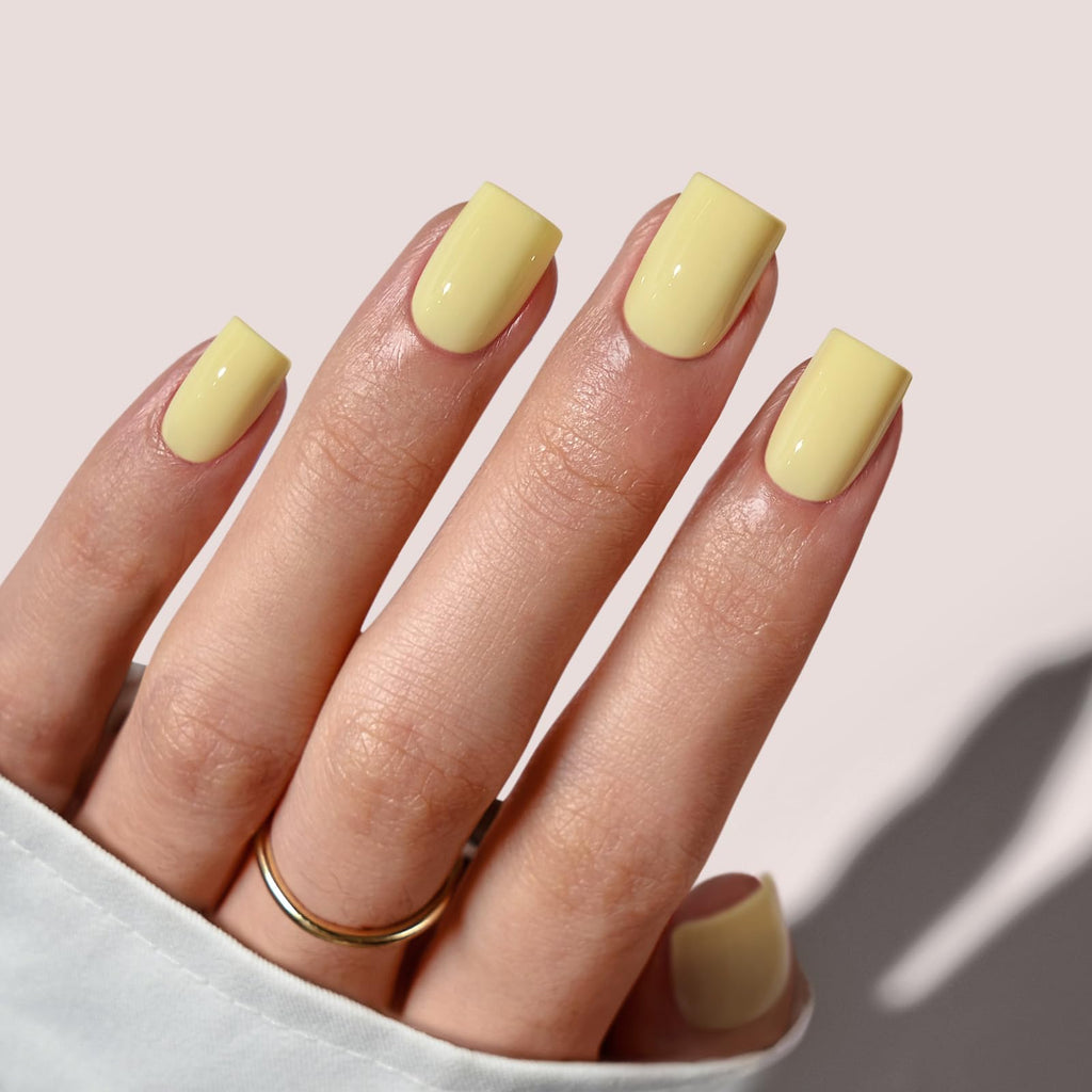 BTArtbox Press On Nails Short – Pastel Yellow Square, 32 Nails Kit with Glue (16 Sizes)