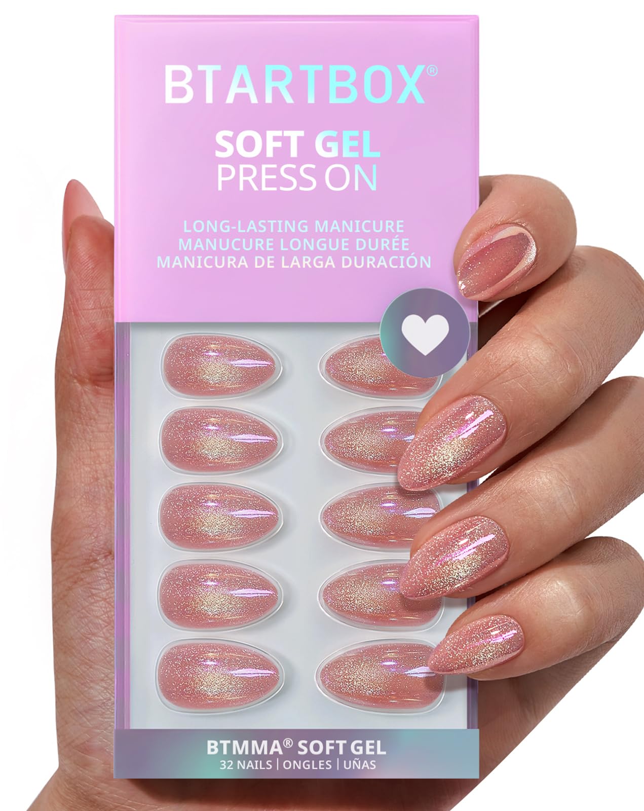 BTArtbox Pink Cat Eye Almond Press On Nails Kit – 32 Nails, Glue, 16 Sizes, Tassel Shine