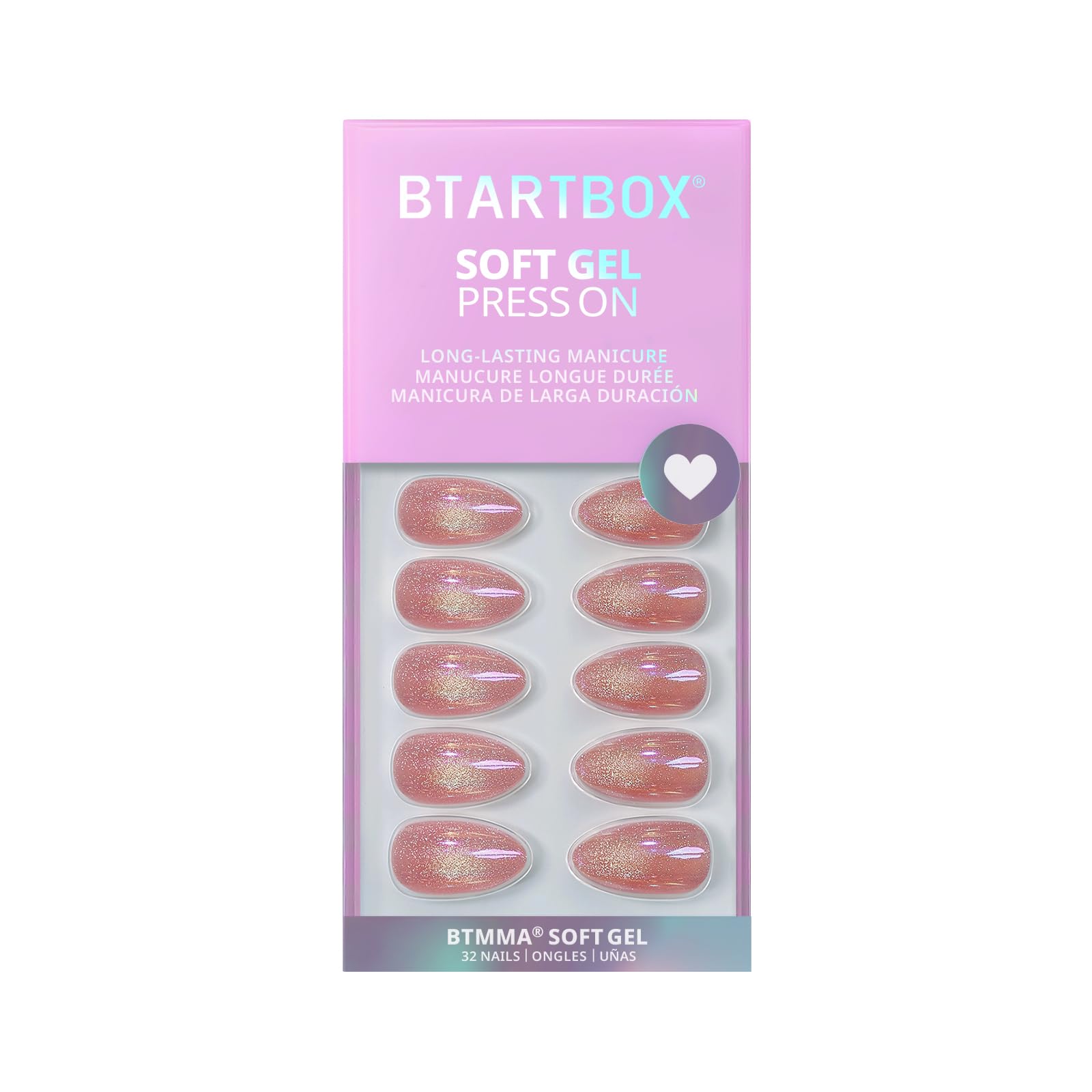 BTArtbox Pink Cat Eye Almond Press On Nails Kit – 32 Nails, Glue, 16 Sizes, Tassel Shine