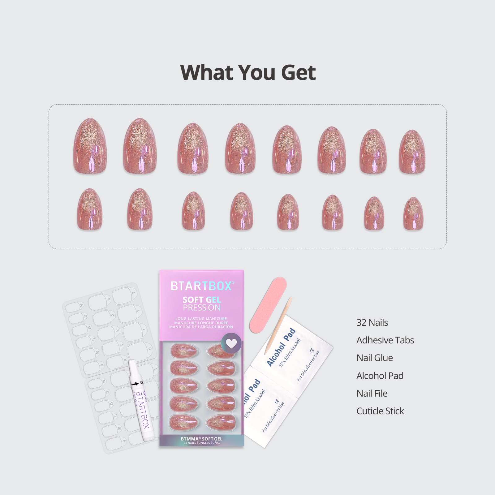 BTArtbox Pink Cat Eye Almond Press On Nails Kit – 32 Nails, Glue, 16 Sizes, Tassel Shine